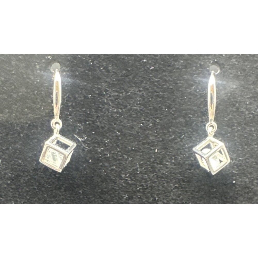 925‎ Sterling Silver Clear Crystal Cube Dangle Hook Earrings
